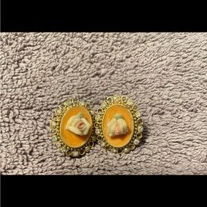 Vintage Statement Earrings Pierced Ceramic Roses